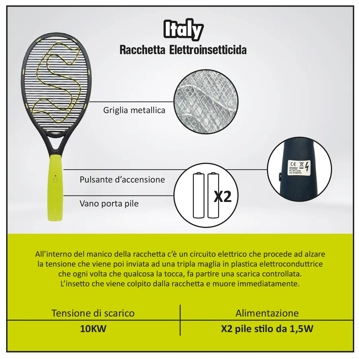 Sandokan Italy Racchetta Antizanzare Elettrica Rete Plastica
