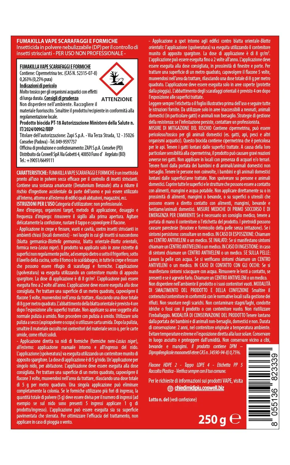 Vape Scarafaggi e Formiche insetticida polvere 250 g pronta uso