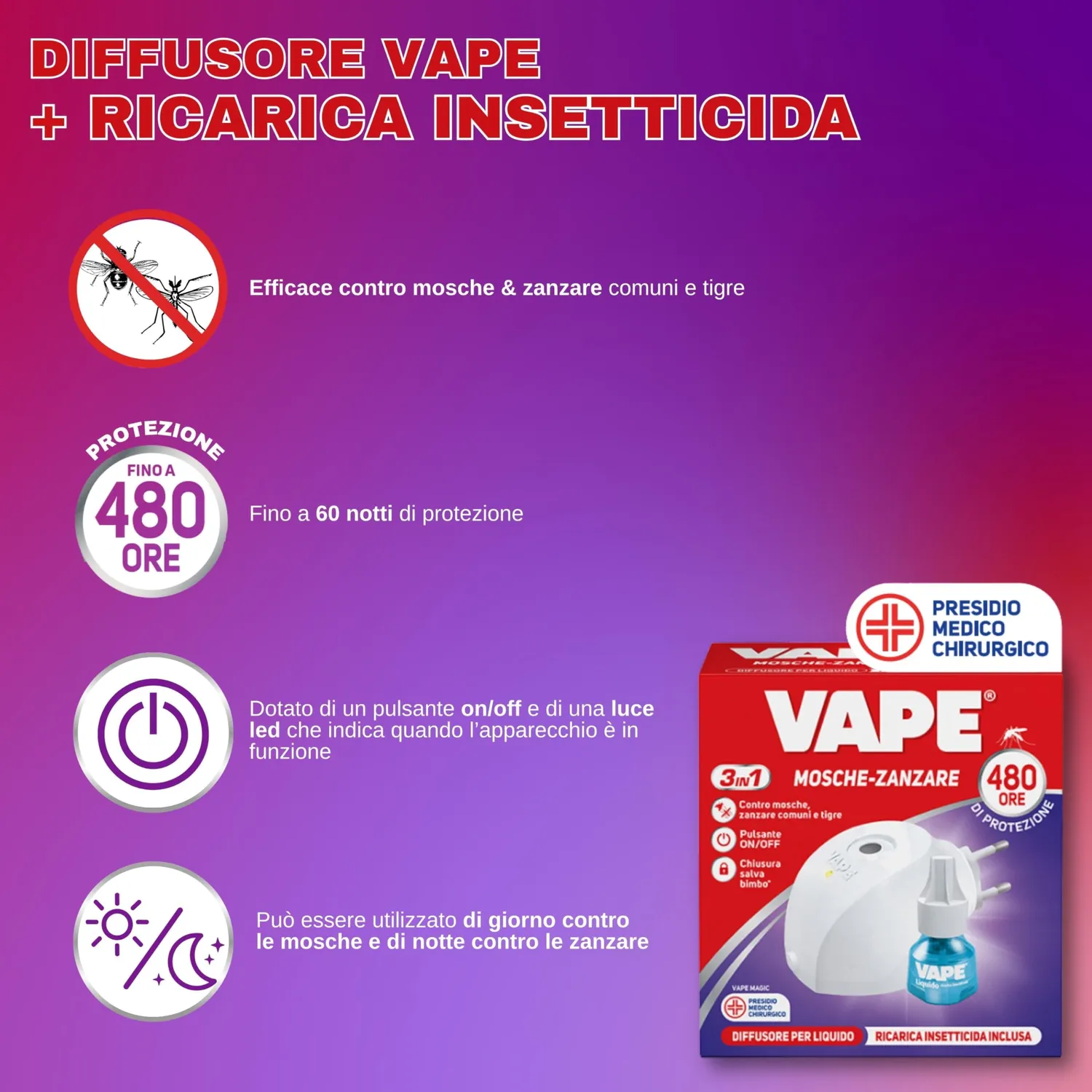 Vape Diffusore + Ricarica Liquida 480H elettroemanatore 60 notti