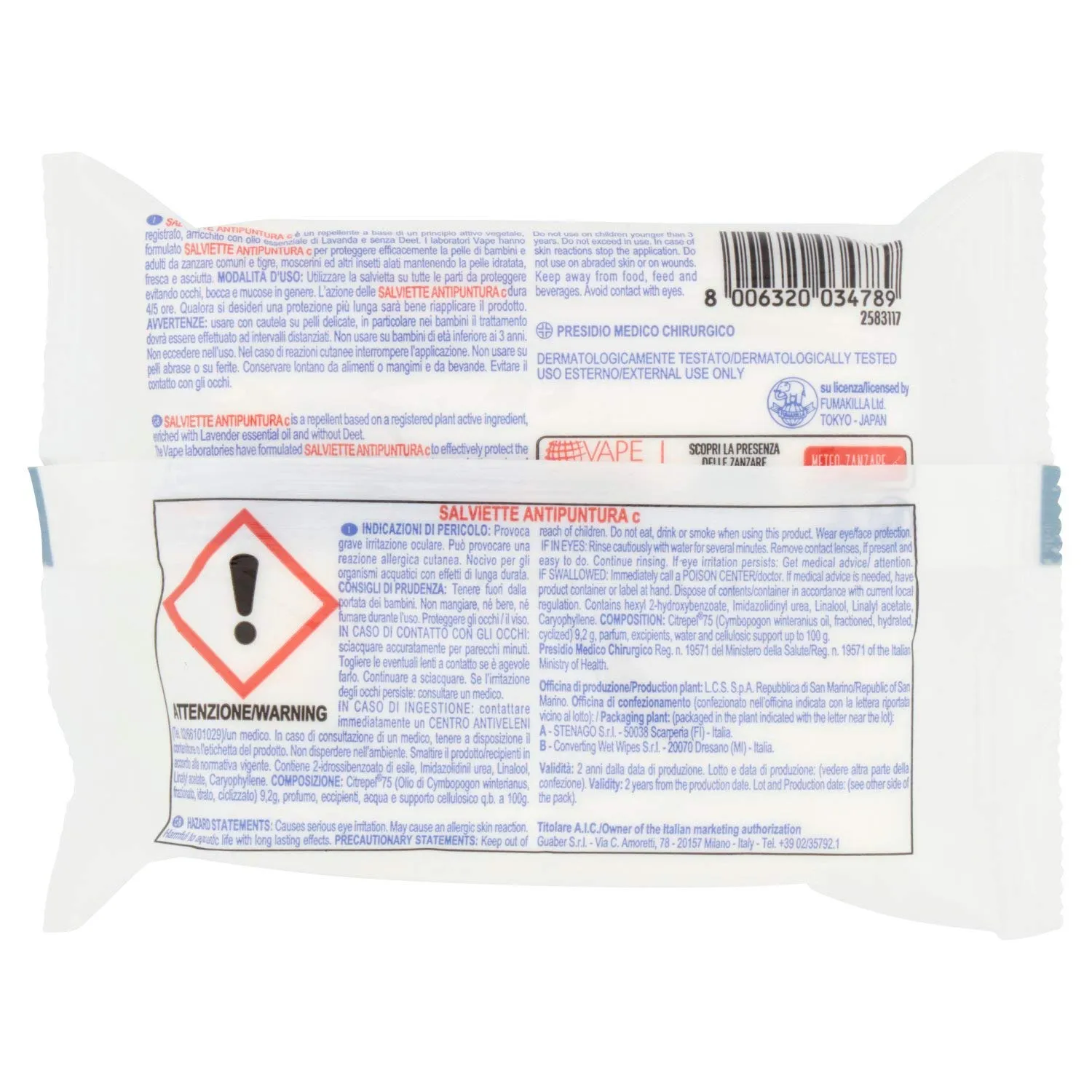 Vape Derm Herbal Salviette Antipuntura Citronella 15 pezzi
