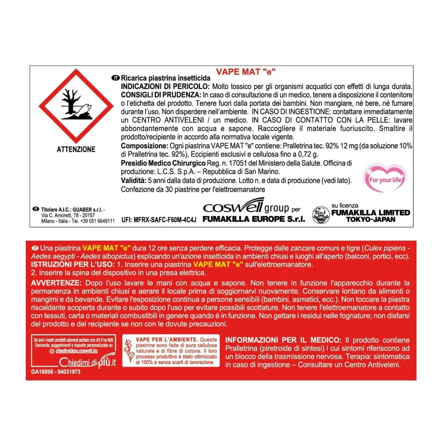 Vape Piastrine Antiodore ricarica zanzare 60 pezzi 2x30