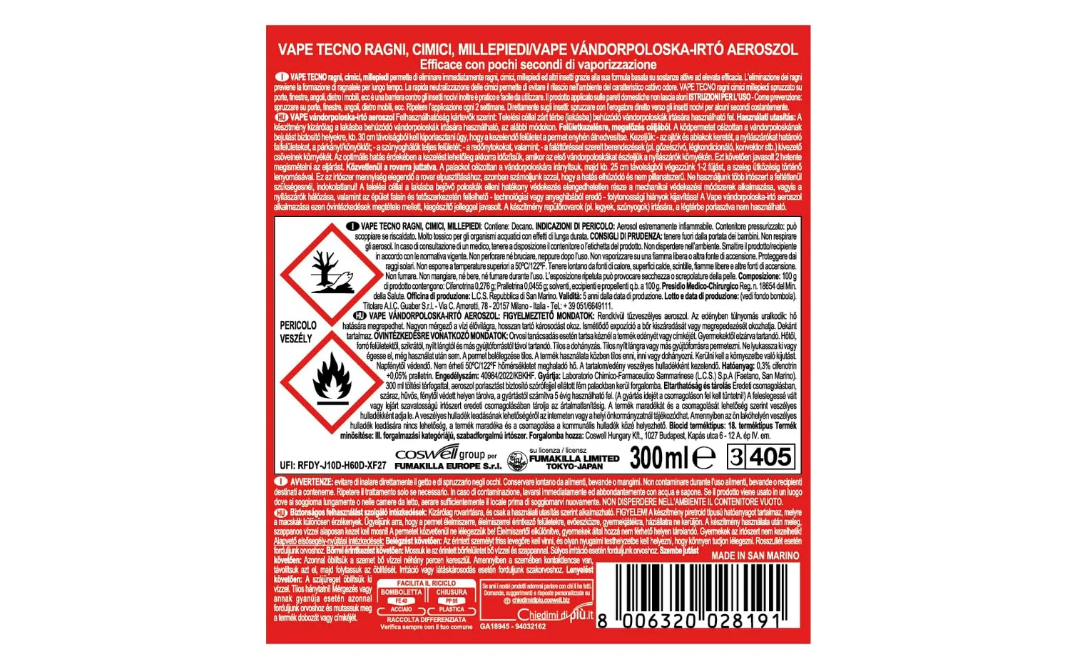 Vape Tecno Ragni Cimici Millepiedi Insetticida Spray 300 ml