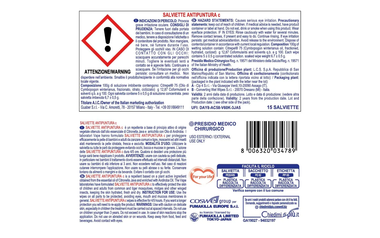 Vape Derm Herbal Salviette Antipuntura Citronella 15 pezzi