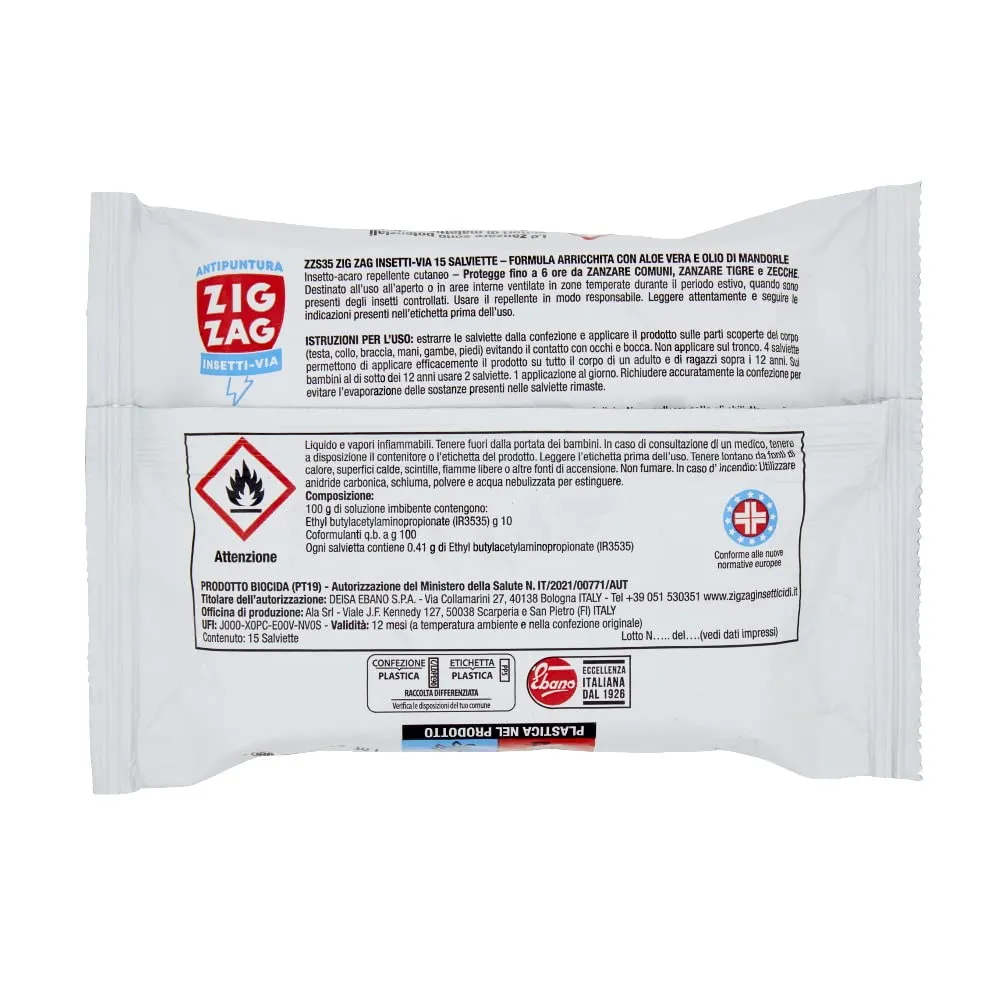 Zig Zag Pelli Sensibili Baby Salviette Antizanzare 15 Pezzi Aloe