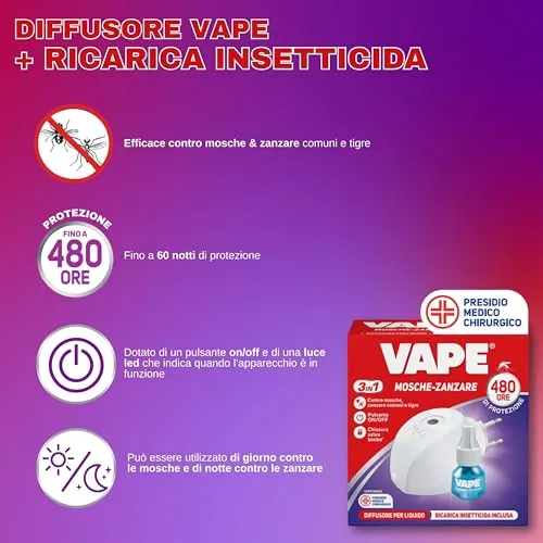 Vape Diffusore + Ricarica Liquida 480H elettroemanatore 60 notti