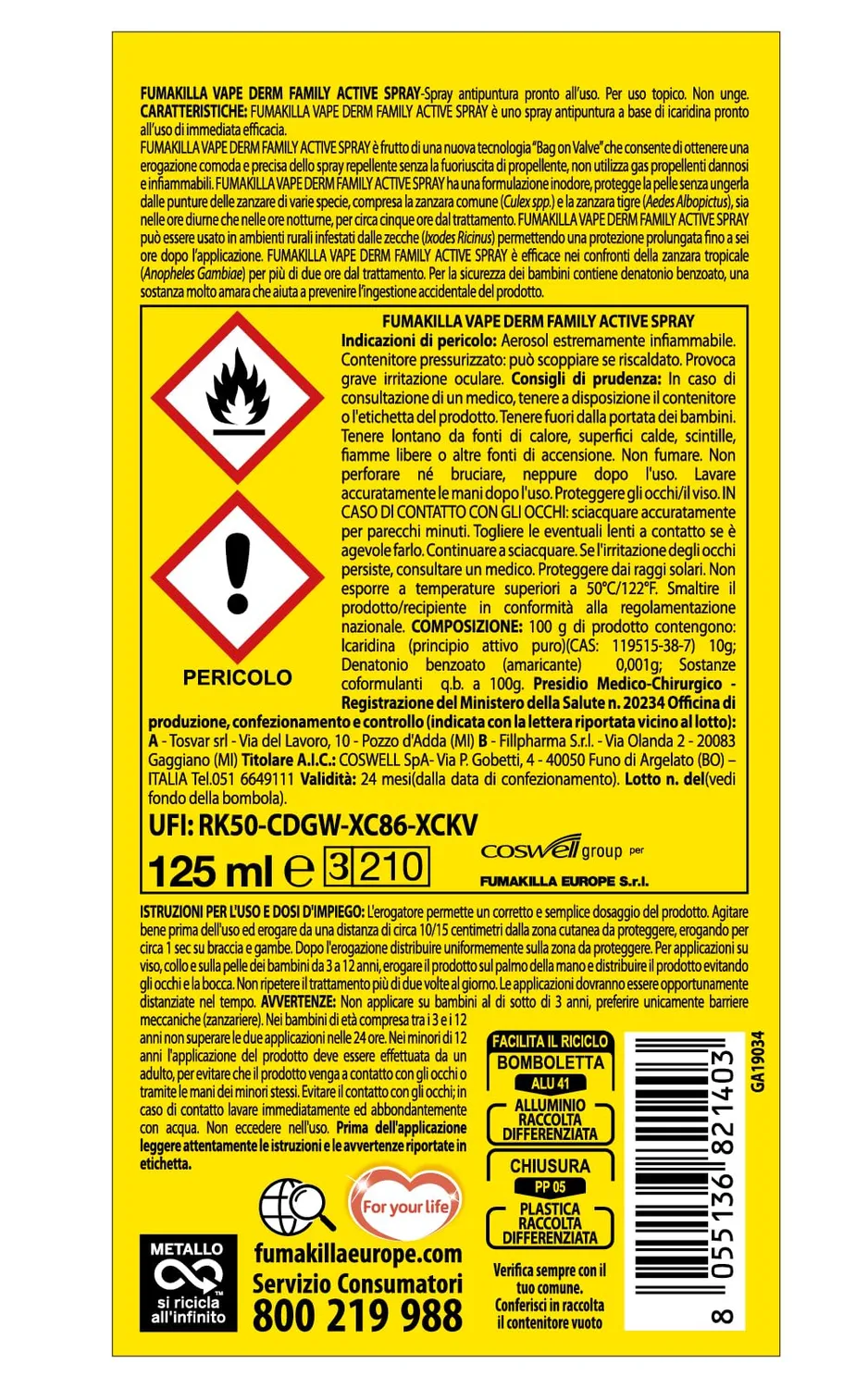 Vape Derm Family Active Spray Antipuntura Icaridina 125 ml